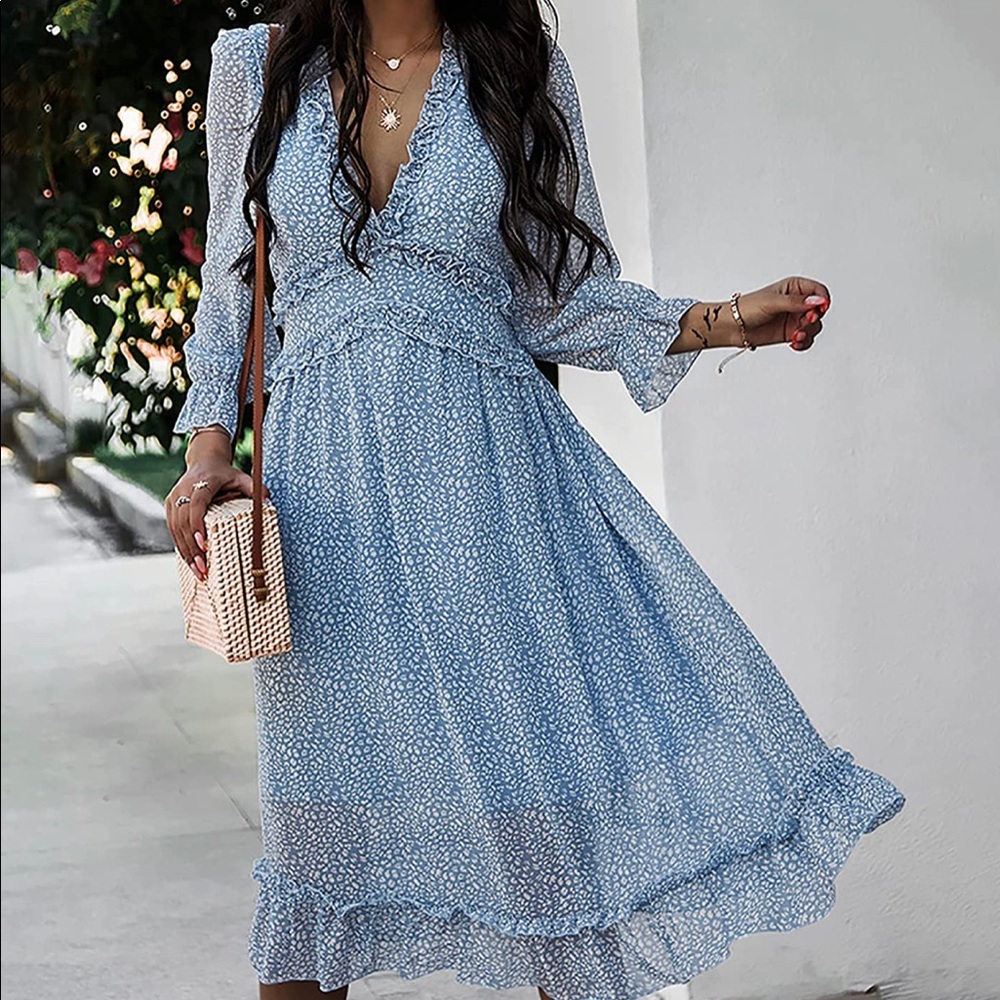 Women's Floral Print Deep V Neck Long Sleeves Ruffles Flowy Boho Casual Midi